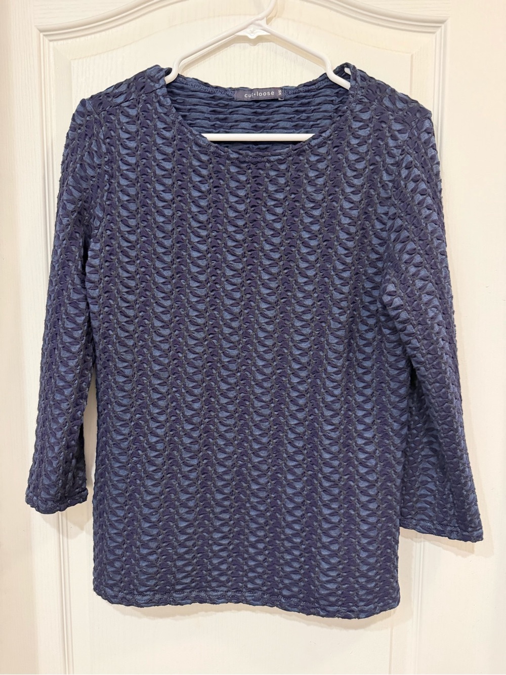 Cut Loose XS Blue Textured Open Knit 3/4 Sleeve Top Made USA Cotton Viscose